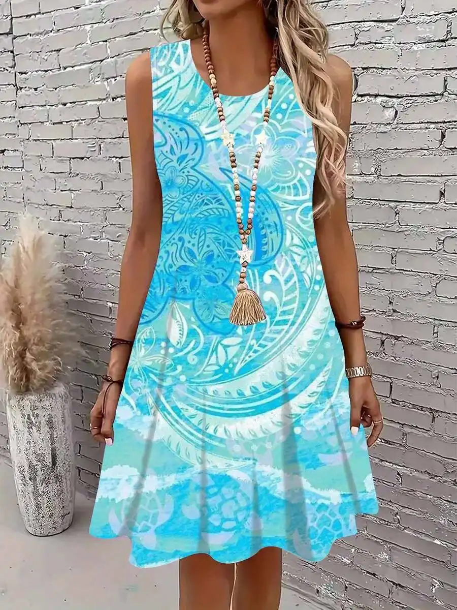 

Blue Boho Print Sleeveless Dress With Tassel Necklace Casual Wear