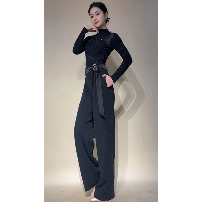 Pantalones de baile de salón con lentejuelas, pantalones de baile latino negros de cintura alta, ropa de actuación de baile de vals para mujer, pantalones de baile de Salsa L15770