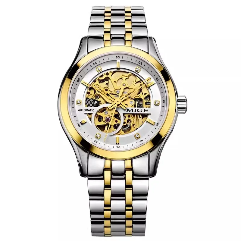 Mige brand hot business stainless steel mechanical watch for man japan movement waterproof automatic Hollow  gift for men watch