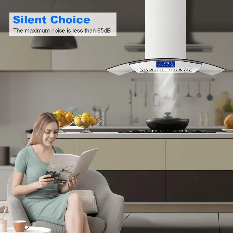 36 Inch Island Range Hood 700CFM Gesture & Touch Control Ceiling Mount Stainless Steel Ducted/Ductless Convertible