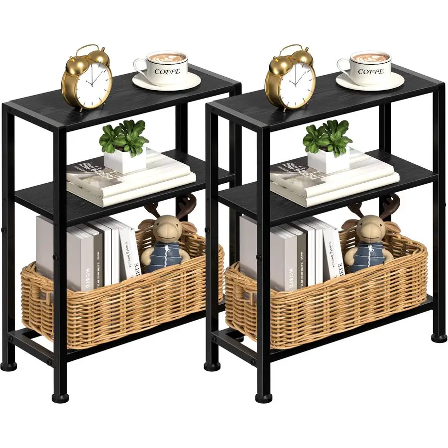 

Narrow Side Table Set of 2 for Small Space, 2Tier Small End Table with Shelf Holder, Slim Nightstand, Skinny Snack Couch Table