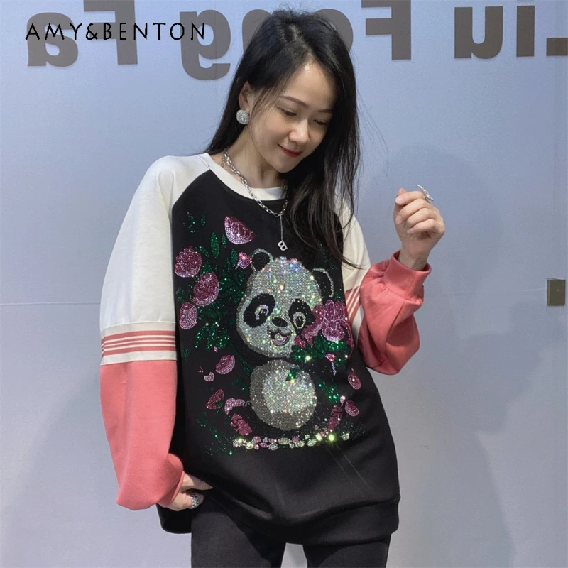 

Women's Clothing Rhinestone Patchwork Color Space Cotton O-Neck Sweatshirt Women's Autumn Loose Long Sleeves Casual Top Hoodies