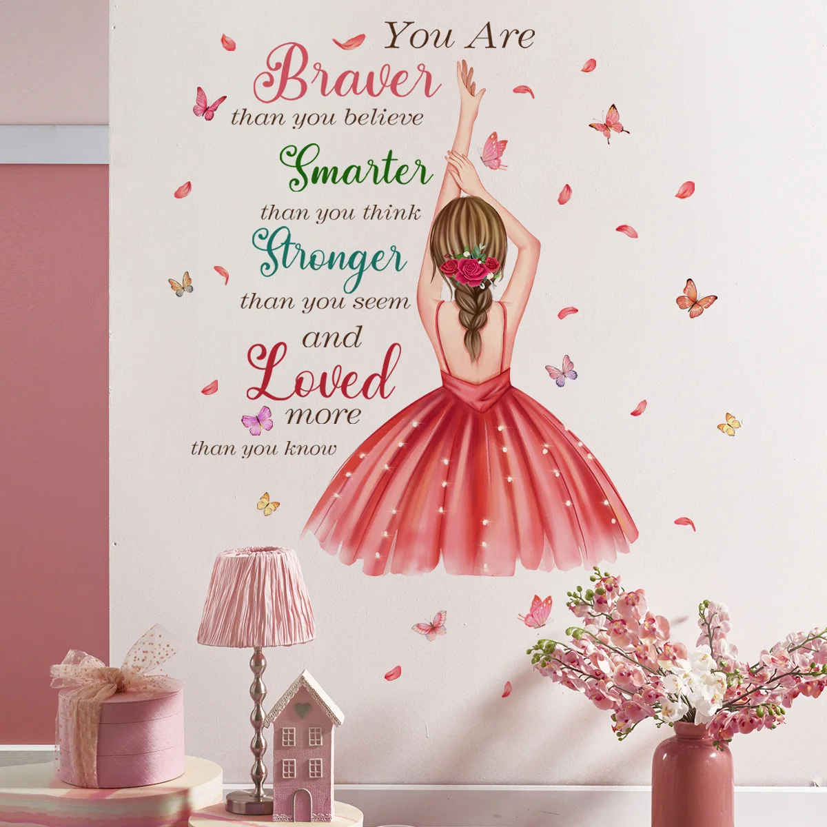 2pcs Little Girl English Slogan Butterfly Cartoon Wall Sticker Cute Creative Background Wall Room Decoration Mural Wall Sticker
