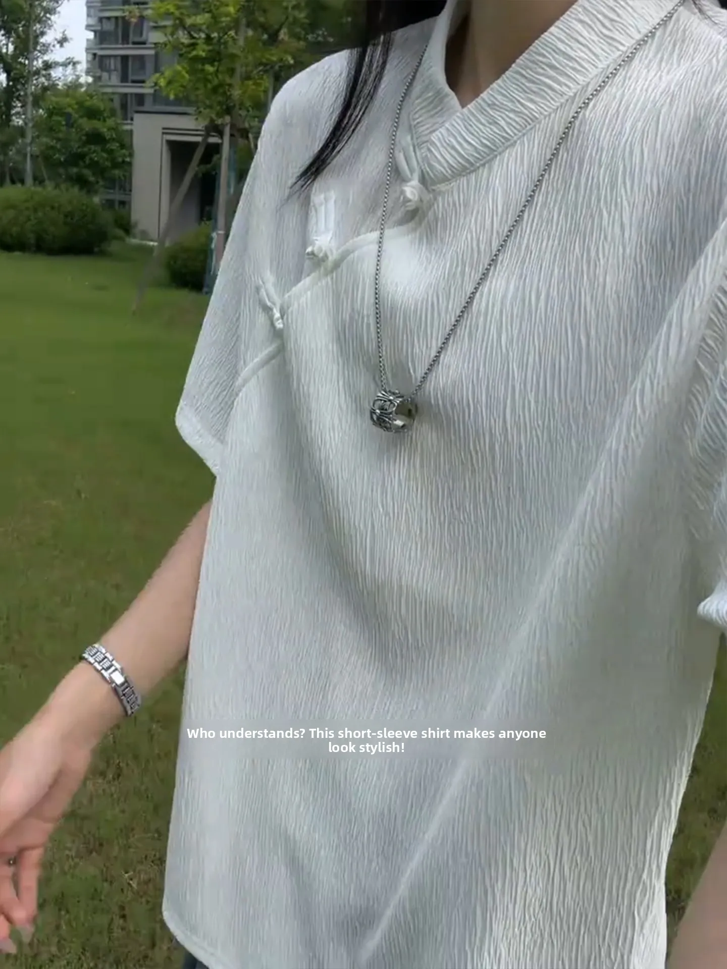 White Treebark Pattern Henry Collar Short Sleeve Men's T-Shirt Cool Sensation Half Sleeve New Chinese Style National Style Bu...
