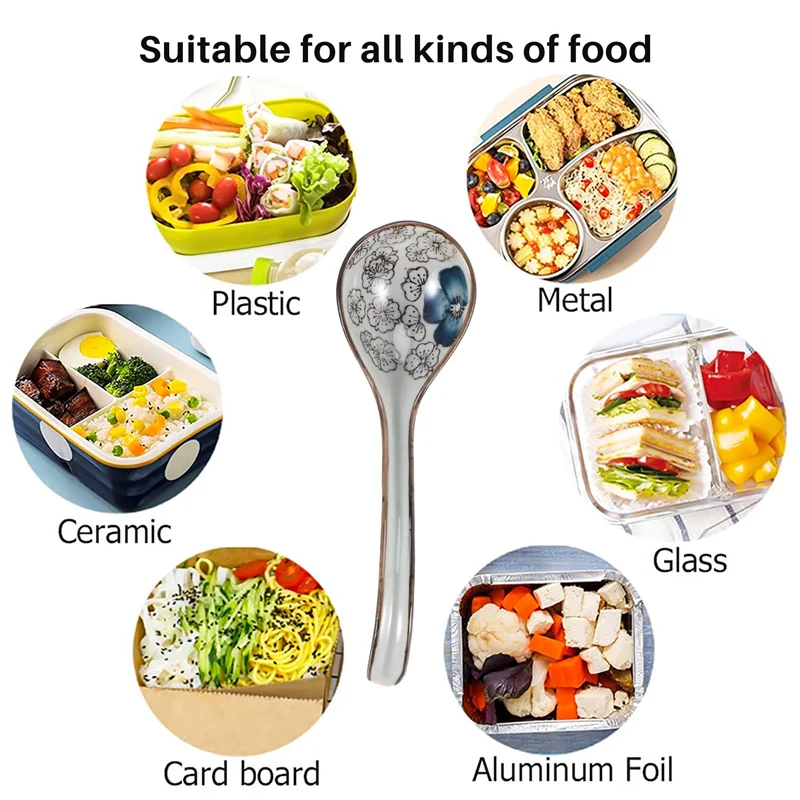 ABWR-4 قطع ملاعق أرز صينية كلاسيكية آسيوية مقبض منحني ملعقة شوربة رامين ملاعق زهور مطلية بمقبض طويل