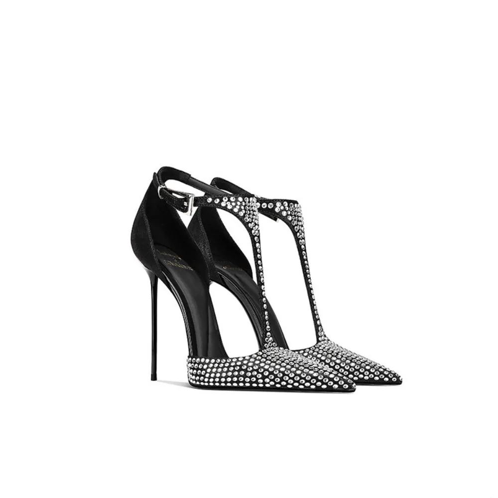 2026 Spring Summer New Black Rhinestone High Heel Sandals Women Pointed Toe Thin Heel Side Open Toe Closed Shoes