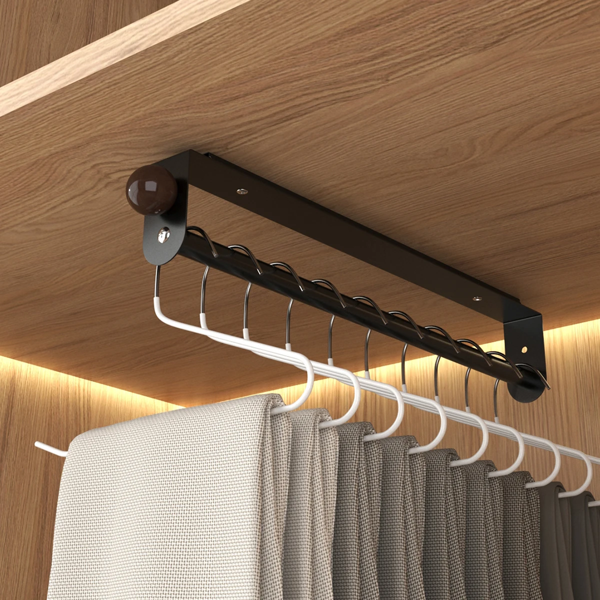 Pull out wardrobe hanger track, sliding wardrobe storage rack for top installation of wardrobe