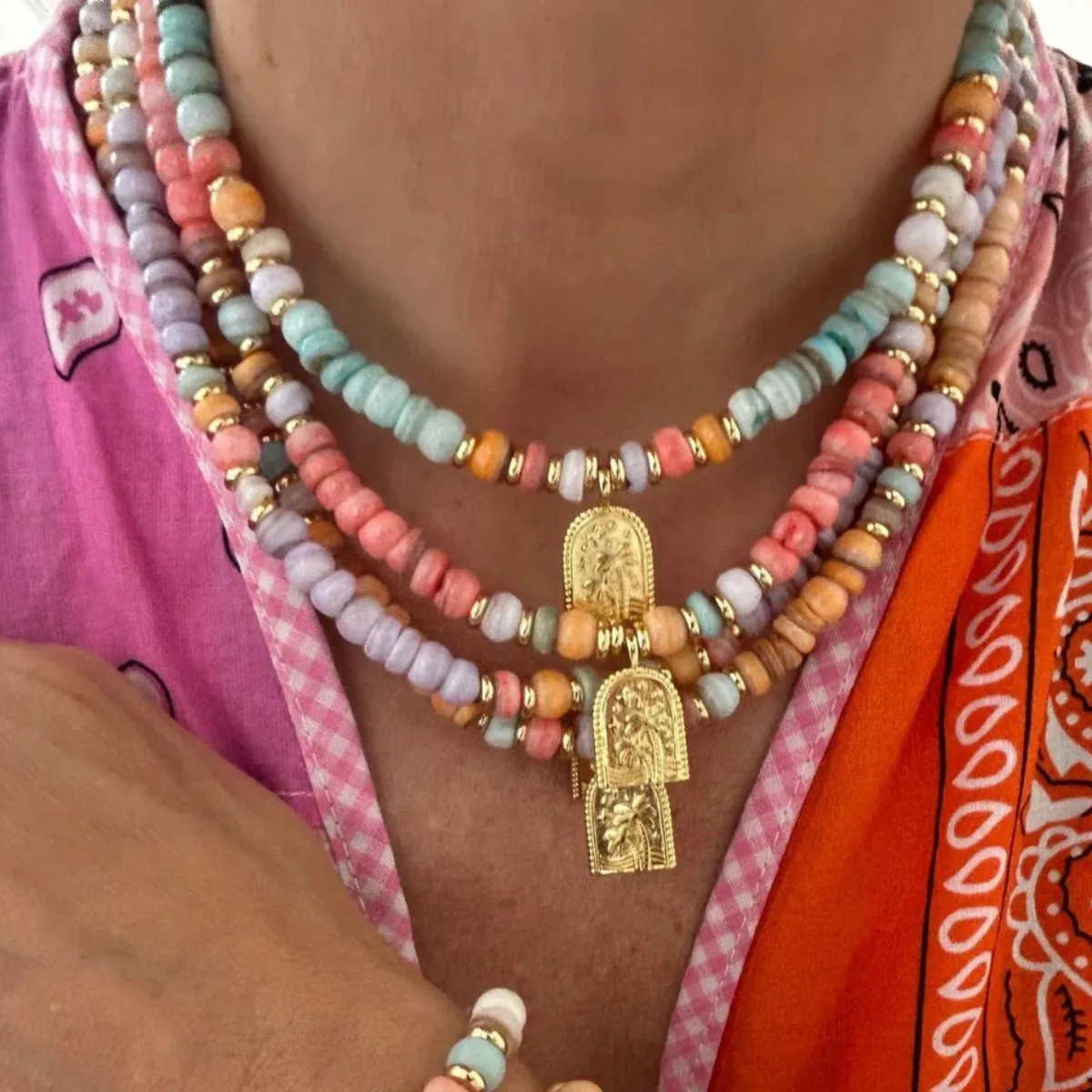 Classic Handmade Colored Glass Bead Necklace Stainless Steel Golden Geometric Tarot Card Coconut Tree Pendant Choker Jewelry New
