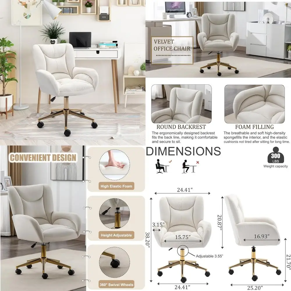 Modern Upholstered Velvet Swivel Desk Chair with Adjustable Height and Wheels for Computer Task, Office, and Makeup Use