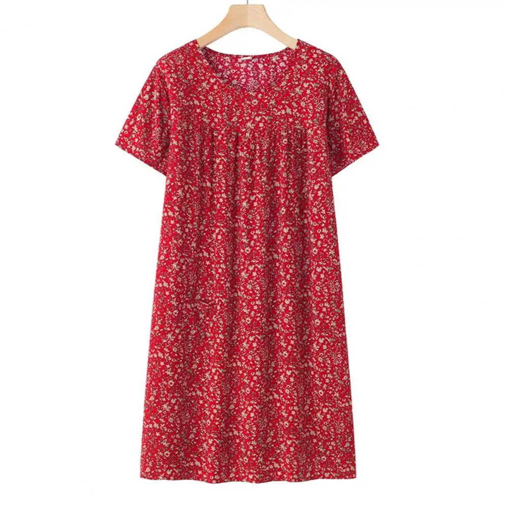 Women Nightgown Elegant Floral Print Nightgown for Women Stylish Mid-aged Female Sleepwear with Short Sleeves Pleated for Summer