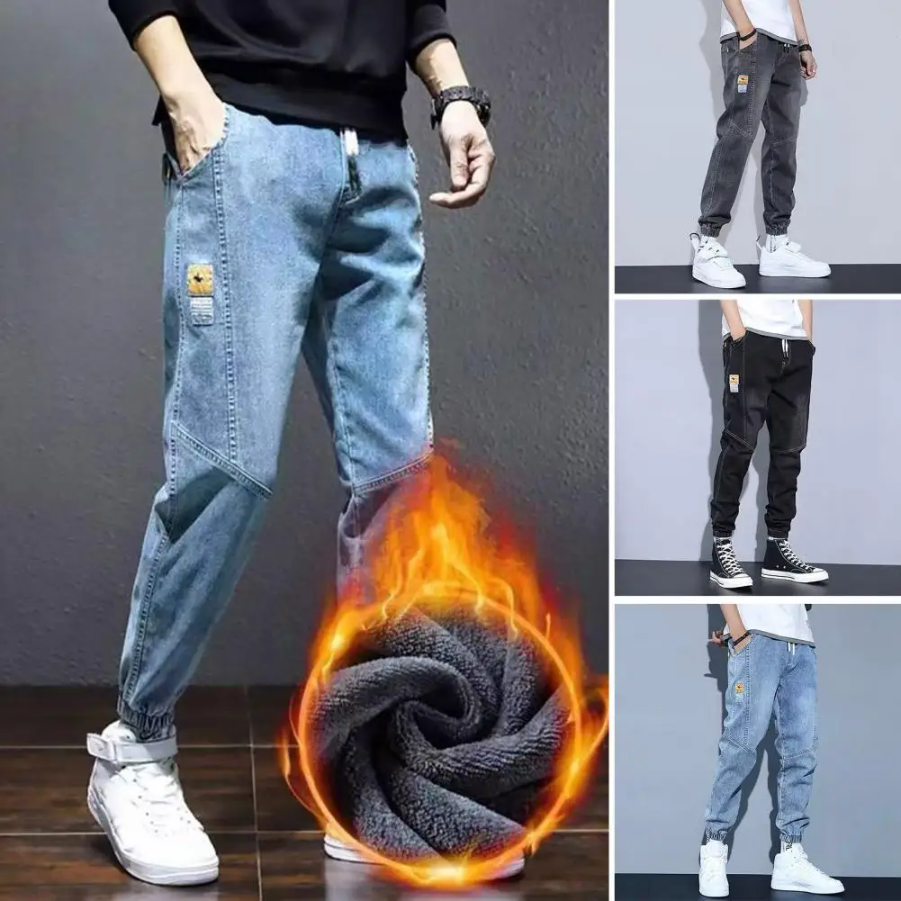 

2024 Men Jeans Autumn Winter Thick Warm Denim Pants Plush Lined Drawstring Elastic Waist Pockets Casual Loose Joggers Streetwear