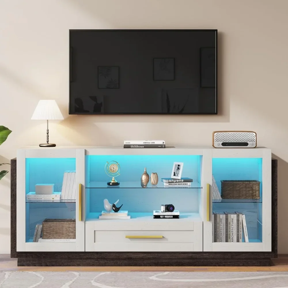 TV Stand,Entertainment Center, with LED Lights,with 2 Storage Cabinets,Open Glass Shelves,for TV Up To 65