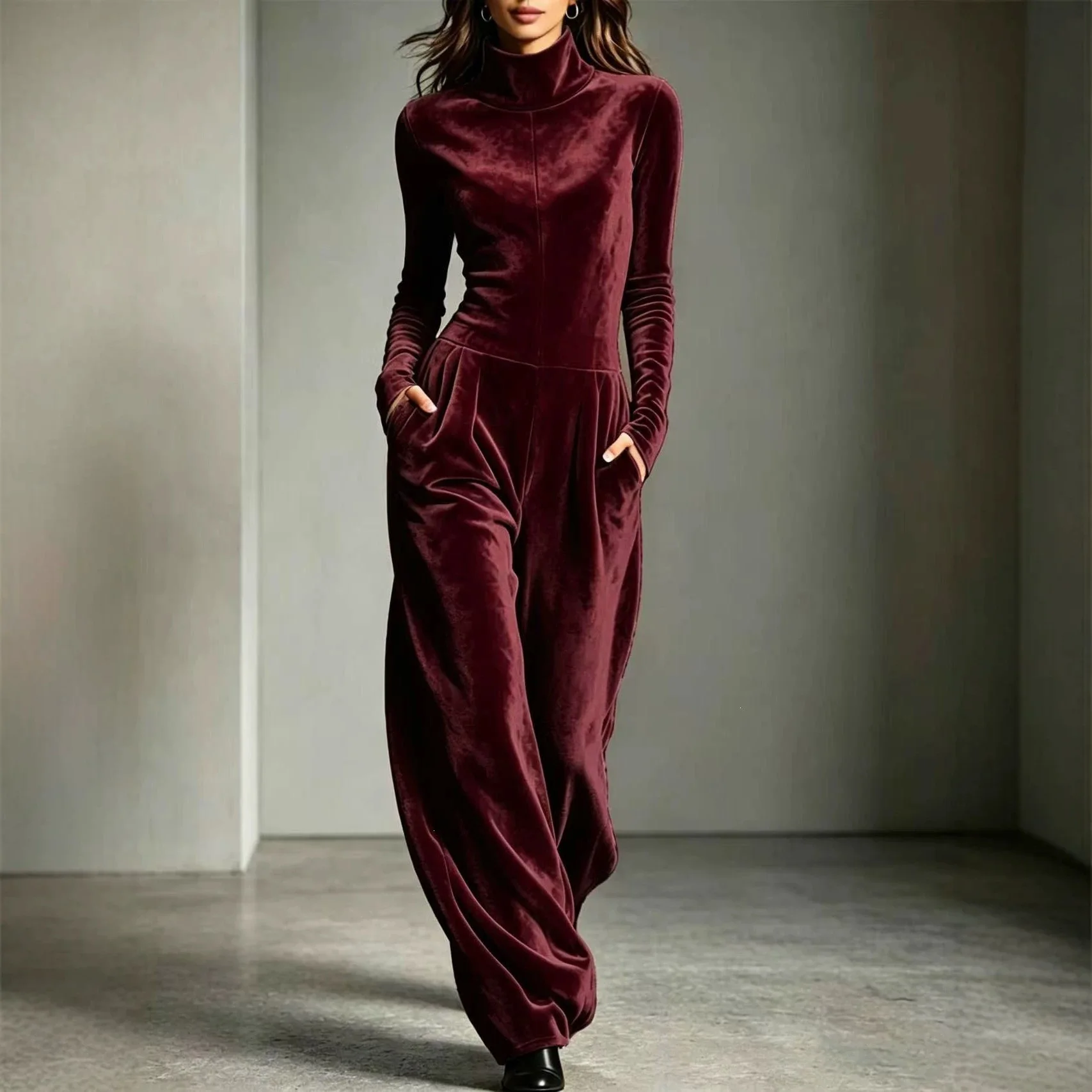 2026 Autumn Fashion Retro Solid Velvet Women's Jumpsuit Elegant High Neck Collar Waist Overalls Casual Streetwear Romper