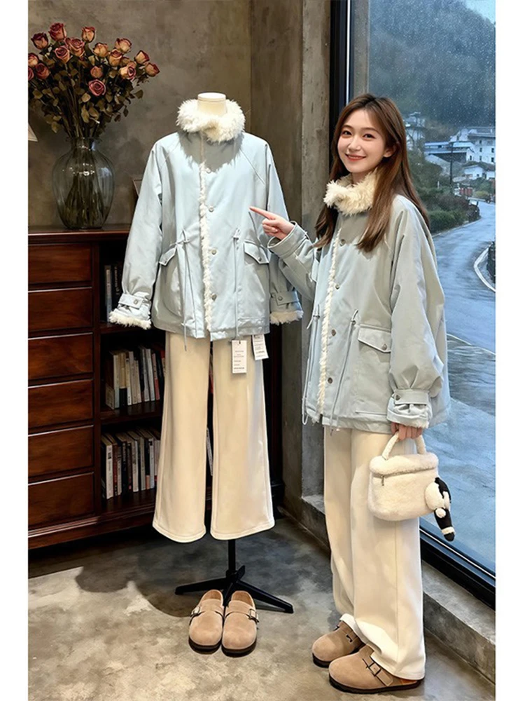 Elegant Light Blue Fur Collar Loose Women's Cotton Workwear Jacket Long Sleeve Outerwear Coat for Winter New Arrival