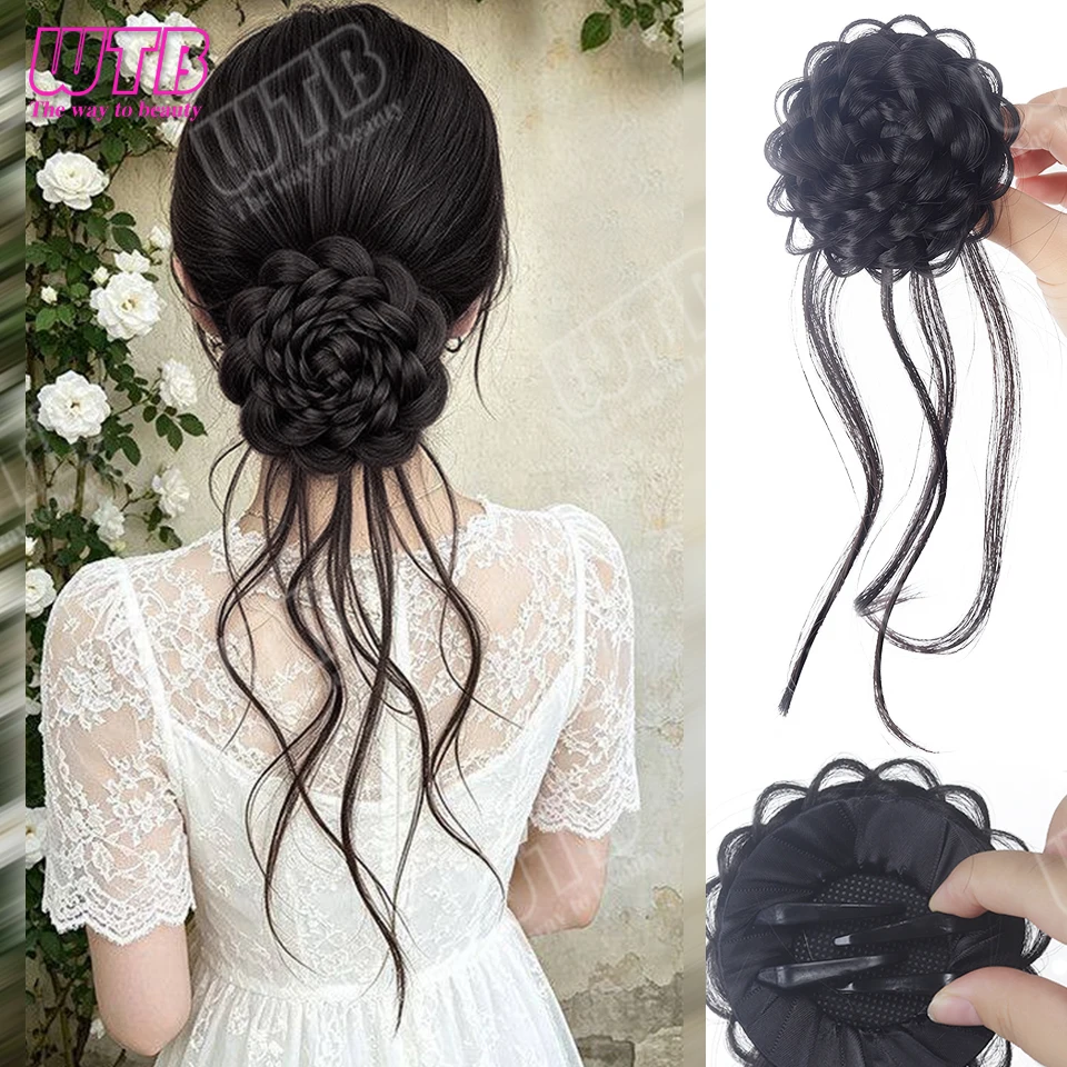 Rose Braided Hair Bun Synthetic Wig with Four-Tooth Duckbill Clip Style and Long Hair End Suitable for Women's Daily Wear