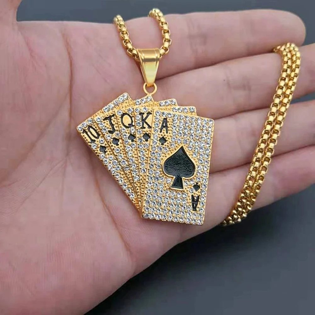 Hiphop Iced Out Playing Card Straight Flush Pendant With Stainless Steel Chain Men's Poker Necklace Golden Jewelry Dropshipping