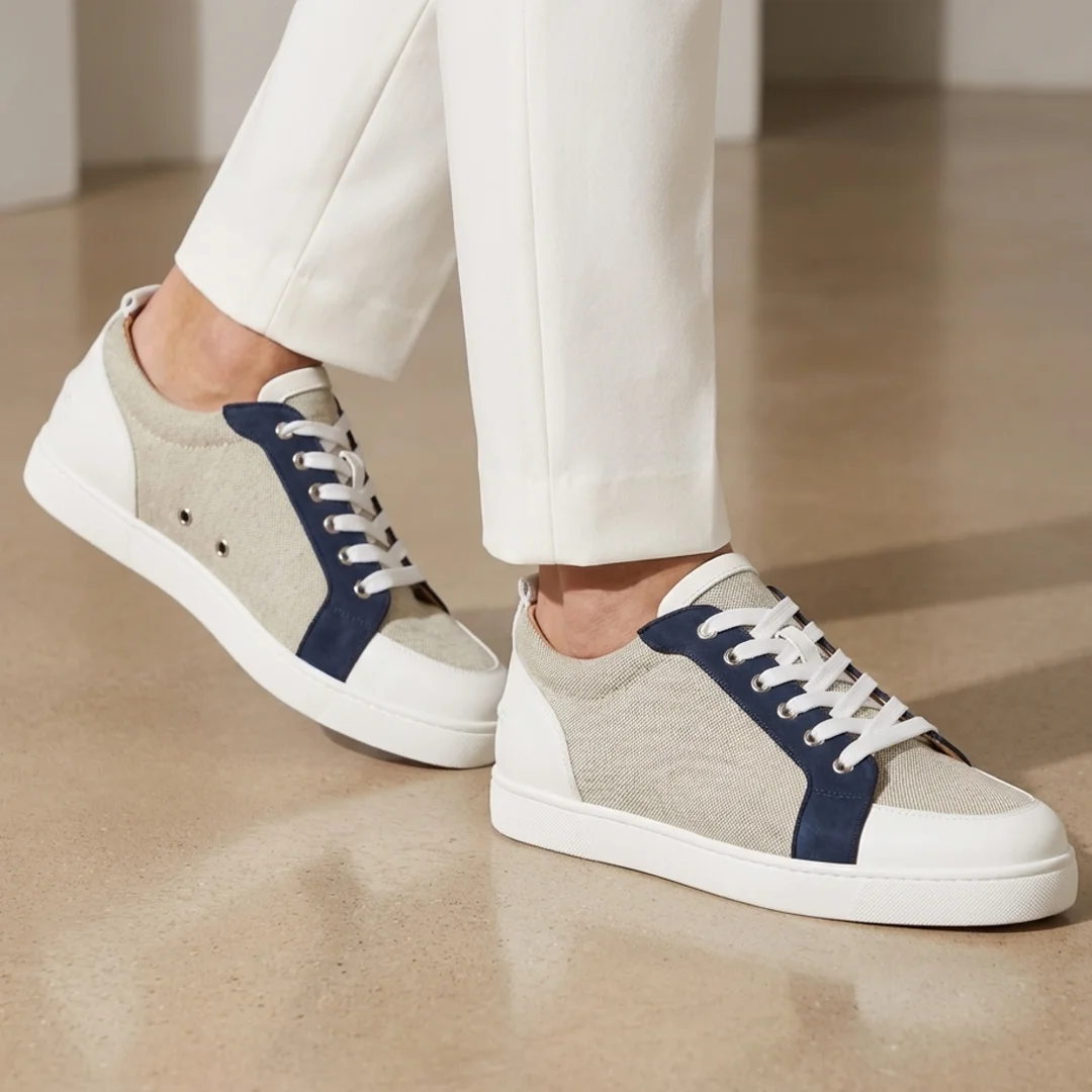 Luxury Men's Low Top Grey Blue White Leather Lace Up Red Bottom Sneakers Casual Boat Shoes Fashion Party Footwear Plus Size