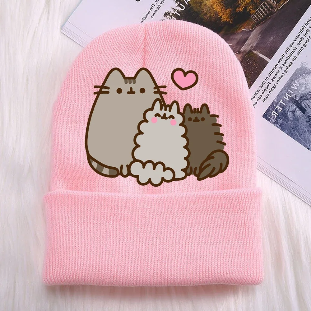 Śliczne Pusheen dziewczęce czapki z dzianiny czapka dziecięca Kawaii postać z kreskówki czapka z nadrukiem dzieci dorywczo ciepła czapka jesienna