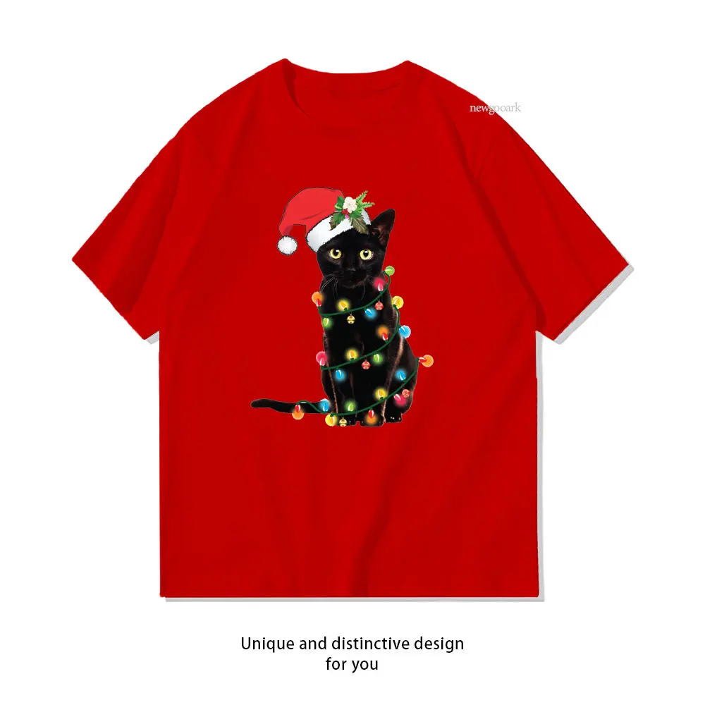 Santa Black Cat Tangled Up In Christmas Tree Lights Holiday Classic T-Shirt woman man cotton graphic t shirt Classic O-neck tee