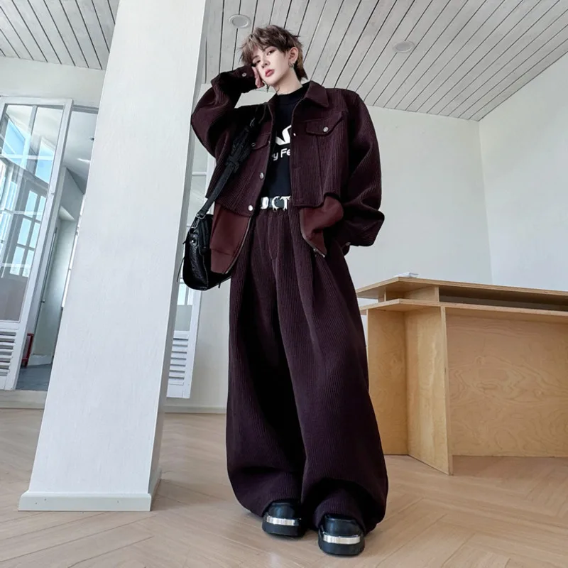 WVGA Autumn Winter New Men Tide American Style Patchwork Trendy Coats Niche Chic Casual Wide-Leg Pants Two Pieces Set Ins W16424