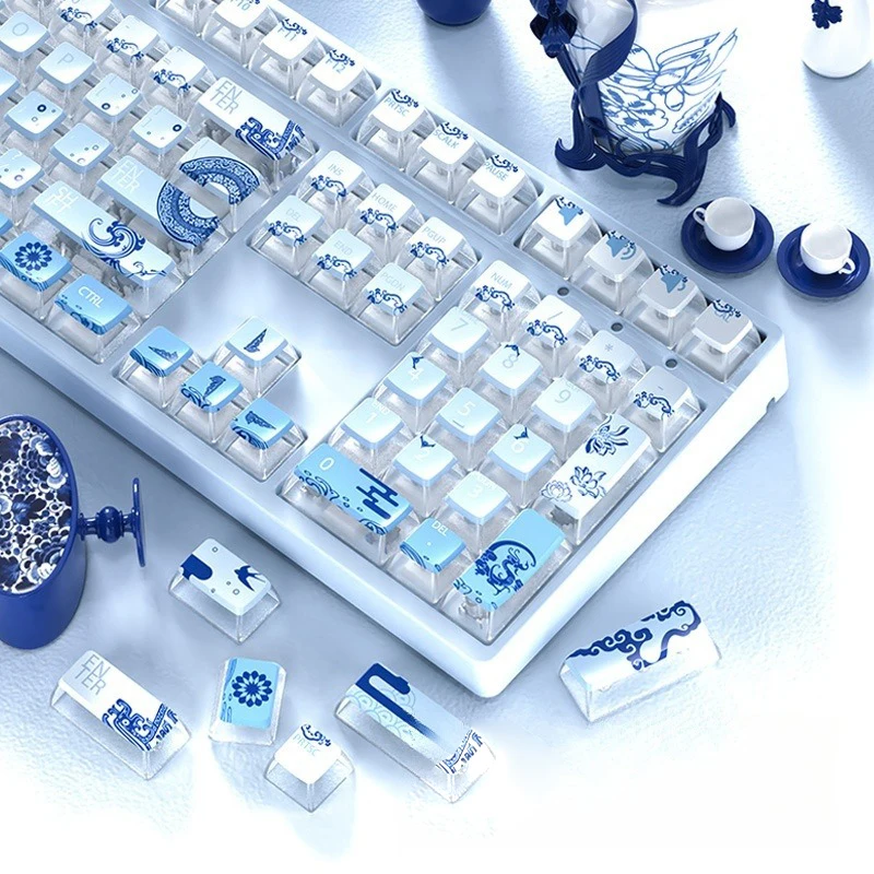 

Transparent Blue And White Porcelain Theme Keycaps PBT ASA Profile Gaming Key Caps For Mechanical Keyboard Accessories