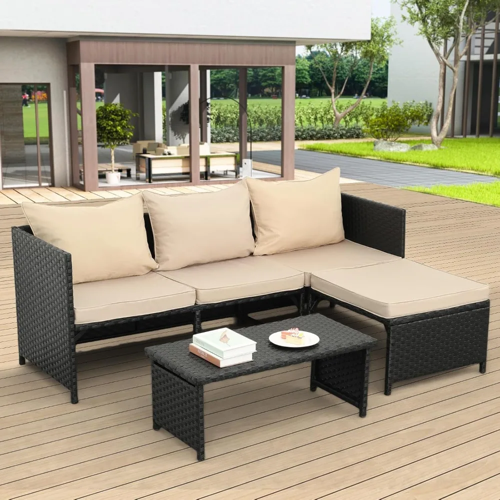 3-teiliges PE-Rattan-Möbelset für den Außenbereich, Terrasse, schwarzes Korbgeflecht, Gespräch, Sofa, Sofagarnitur, Khaki-Kissen