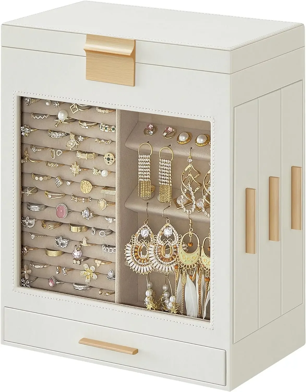 

Jewelry Box with Glass Window, 5-Layer Jewelry Organizer with 3 Side Drawers, Jewelry Storage, with Big Mirror, Modern