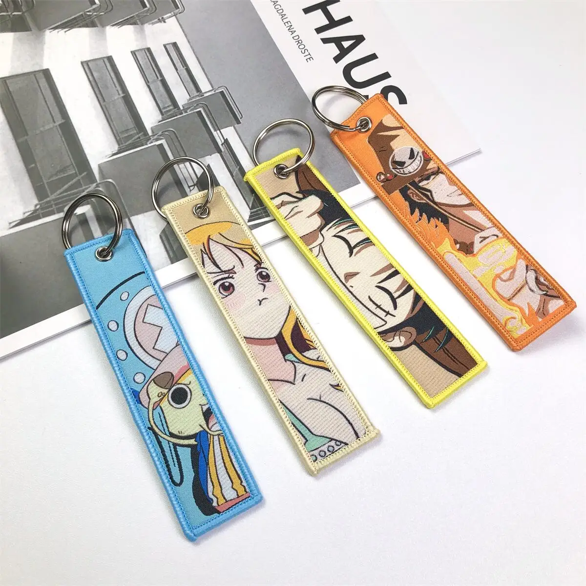 One Piece Anime Key Chains with Cute Jet Manga Embroidery Fashion Key Tag for Jewelry Accessory Key Ring Holder Gift Anime Fans