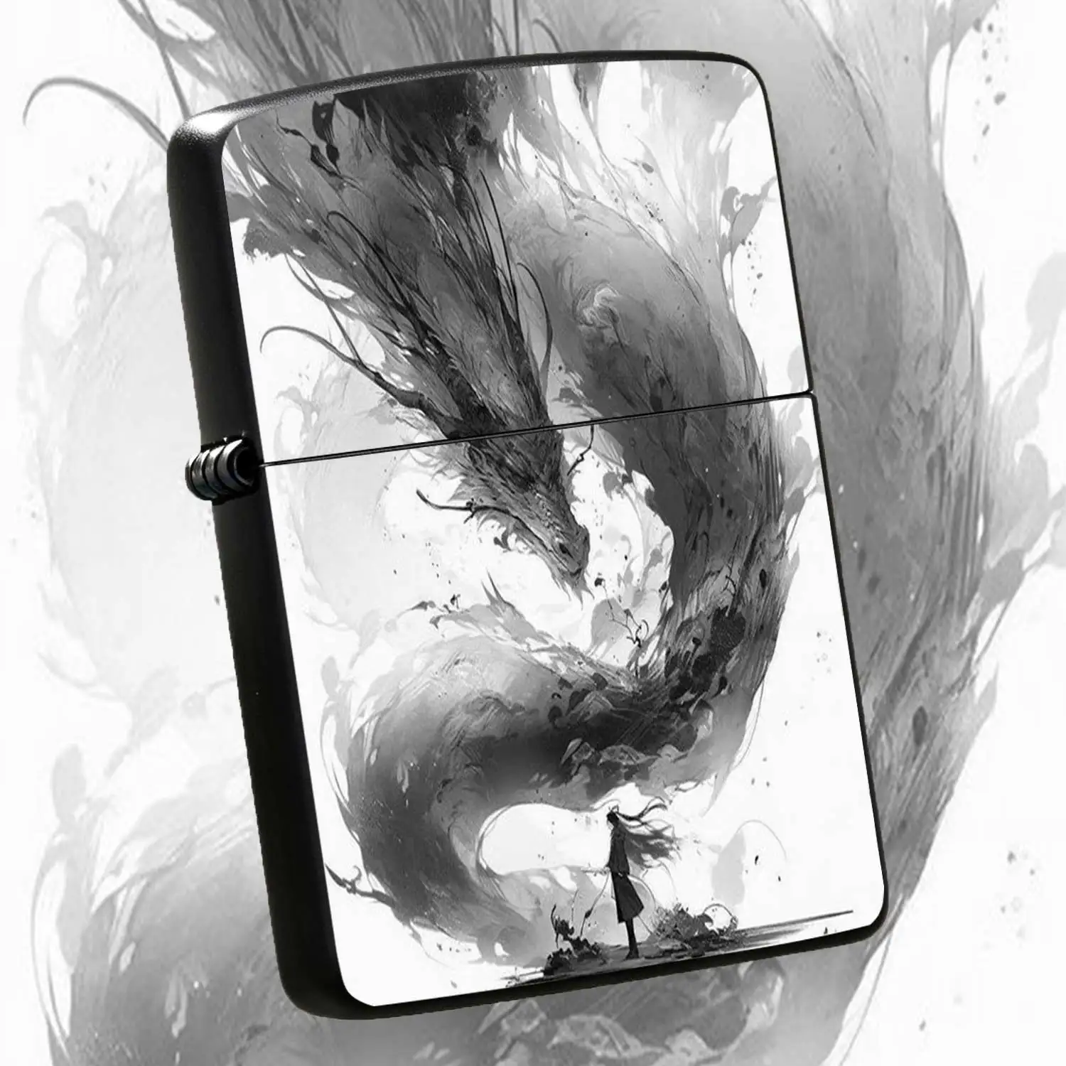 Vintage Ink Painting Style Dragon Flip-top Metal Windproof Lighter, Refillable & Reusable, Palm-sized Portable Pocket Type, Oriental Mythology Style Creative Personalized & Ideal Gift Choice Humorous and Fun Lighter