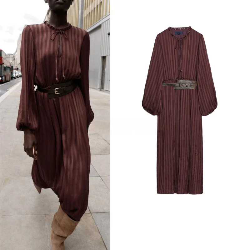 

Autumn Women's V-ne Bubble Sve Midi Dr Belted Layered Decoration Long Sve Sexy X-aped Loose Silk Polyester Dr