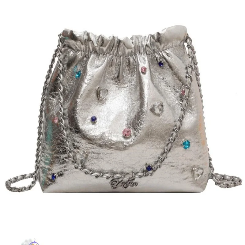 2023 Luxury Designer Bag Diamonds Design Silver PU Leather Crossbody Bags for Women Korean Fashion Chain Shoulder Bag Handbags