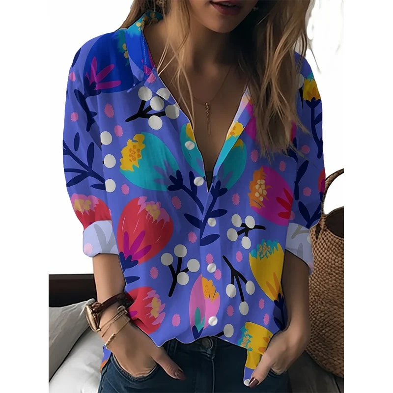 Spring and Autumn new women's long-sleeved shirt，Colorful flowers and white dots on a purple background、Interwoven dots，Presenti