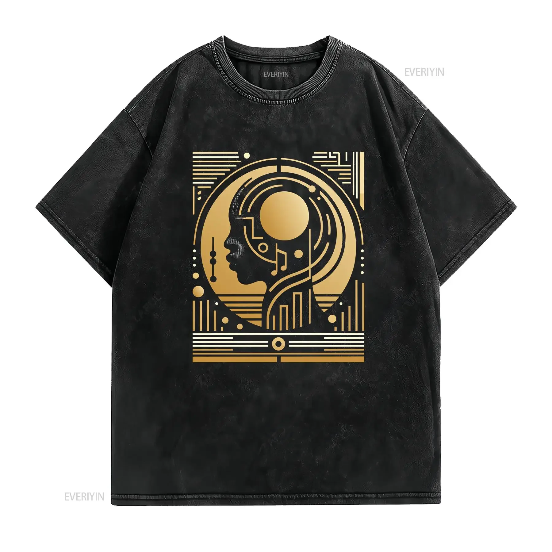 Silhouette of Sound Afro Futuristic T Shirt vintage Washed Casual homme graphic Soft Comfortable Stretched
