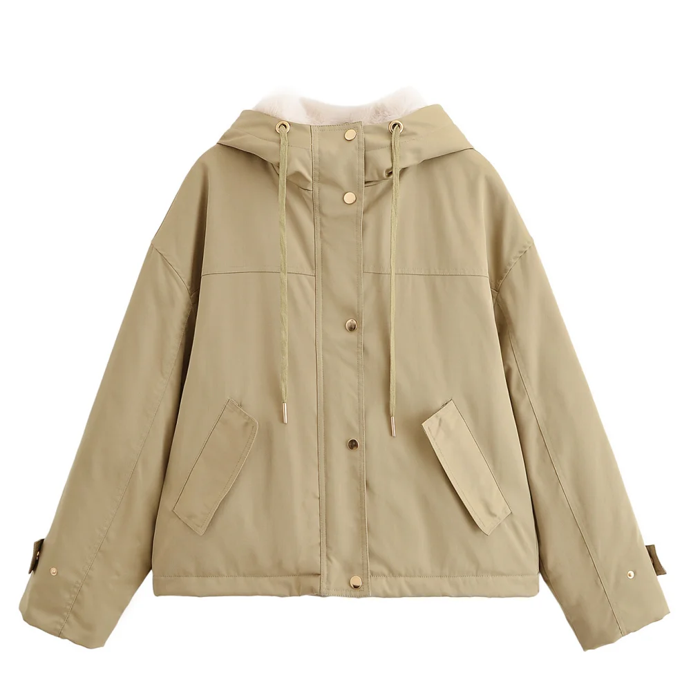 

Women's seam loose top hooded long sleeved button zipper pocket fur collar autumn and winter new warm parka jacket