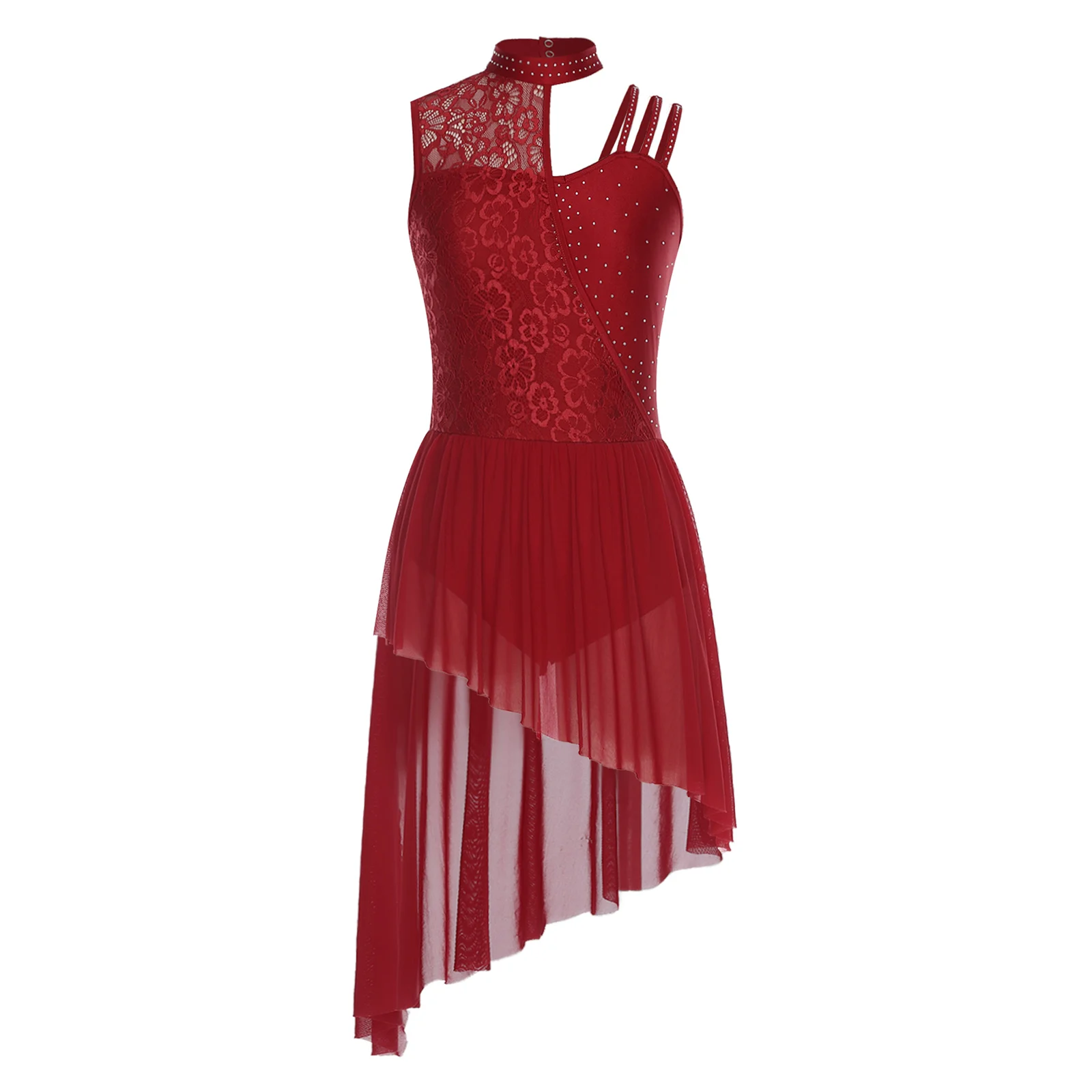 Women Lyrical Dance Leotard Dress Floral Lace Rhinestones Asymmetrical Dress for Gymnastics Ballet Waltz Latin Dance Performance