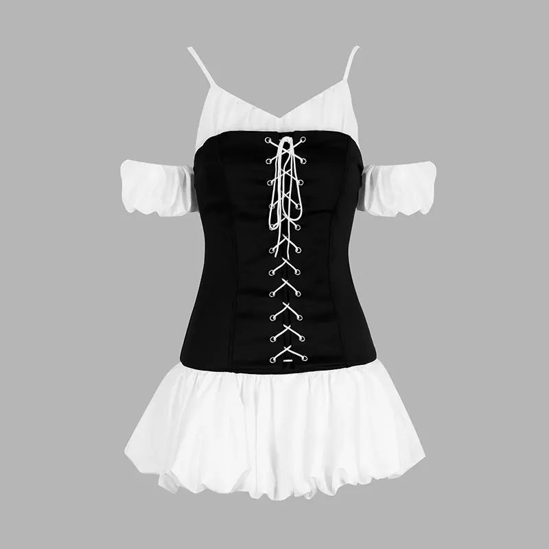 Women A-Line Dresses New Summer Streetwear Fashion Puff sleeves Lace-up Pleated Dress Black Sexy Backless V-neck Sling Dresses