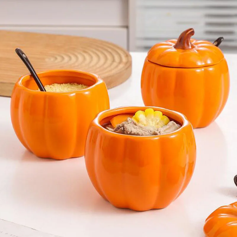 Tarro de porcelana para condimentos de calabaza, botella de azúcar y sal con cuchara, especias, pimienta, especias, olla para sopa, vajilla de cocina