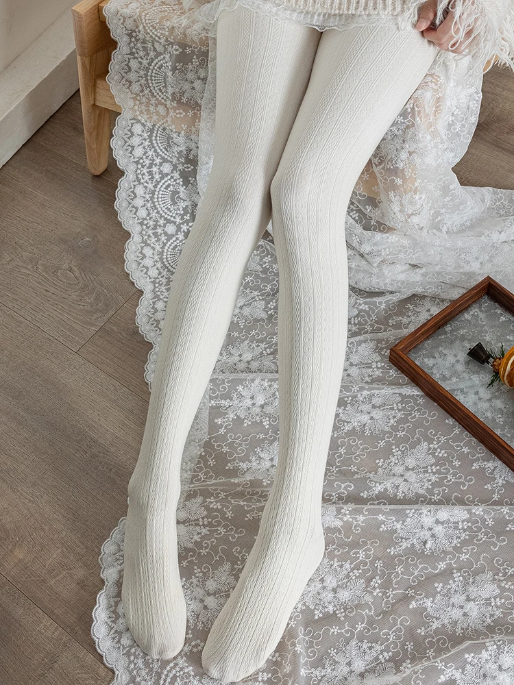 

Thiened Fce Warm Knitted White Tights Women's Autumn Winter Vintage Vertical Stripe Linen Patterned Stoings Panhose