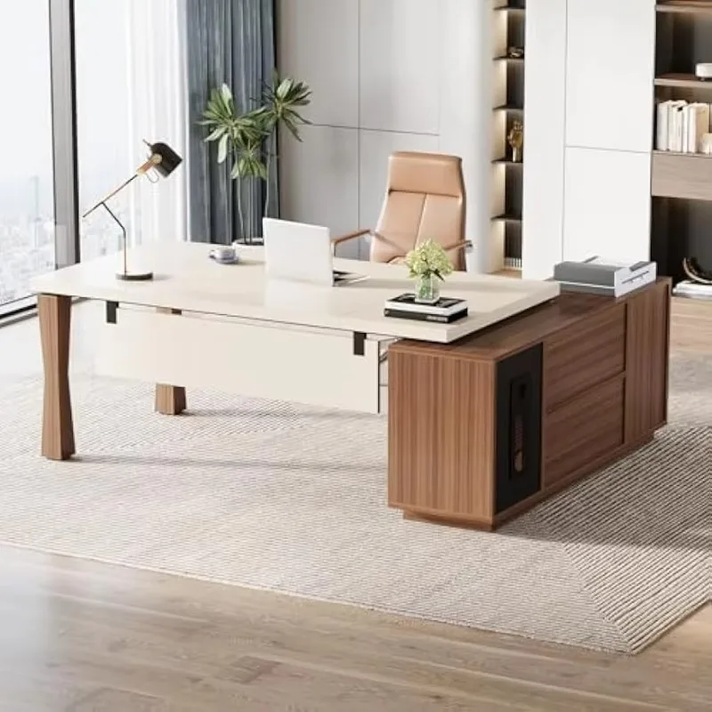 71-Inch Executive Desk, L-Shaped Desk with Cabinet, Large Office Desk with Storage Shelves, White Walnut