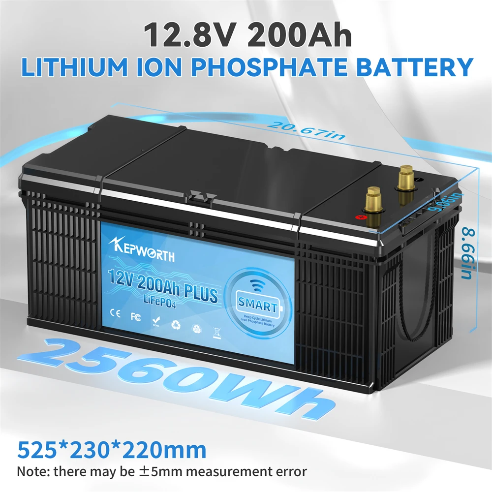 KEPWORTH-Lithium Iron Phosphate Battery, Built-in Bluetooth BMS for RV Campers Solar Golf Carts, 2560Wh, 12V, 200Ah, New