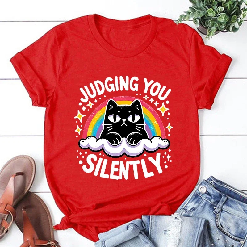 새로운 고양이가 당신을 판단합니다 여성용 캐주얼 개성 라운드넥 반팔 패션 티셔츠 여성 캐주얼 의류