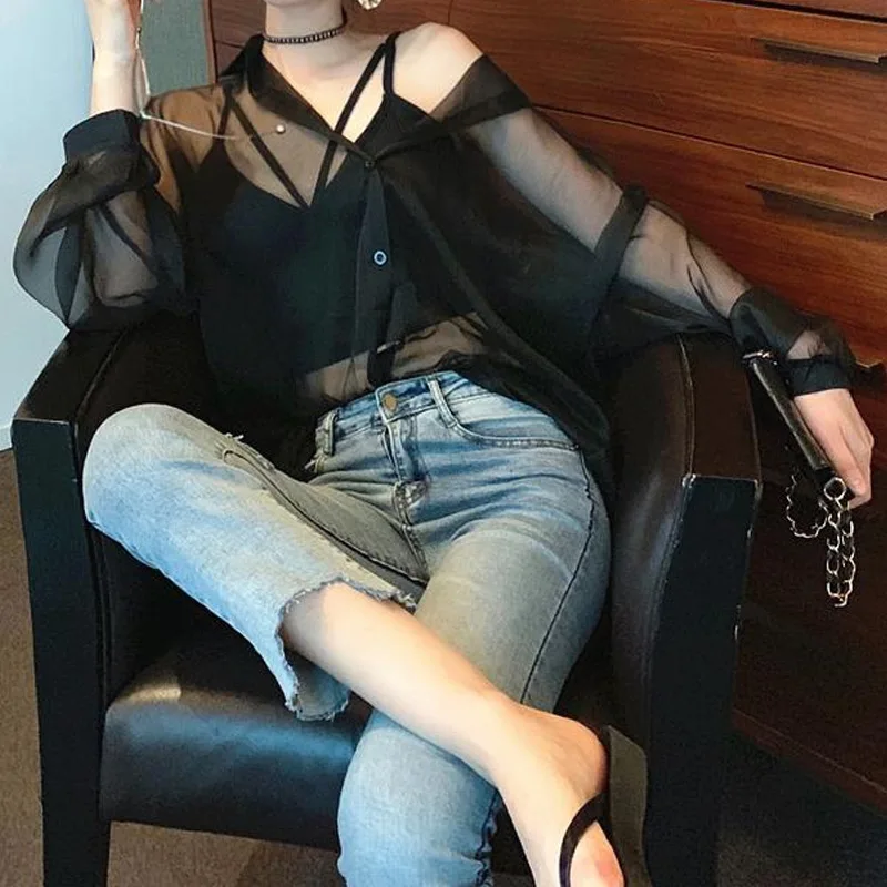 Sexy Perspective Loose Blouse Summer New Thin Long Sleeve Polo Neck Chiffon Solid Trend Shirt Tops Fashion Casual Women Clothing