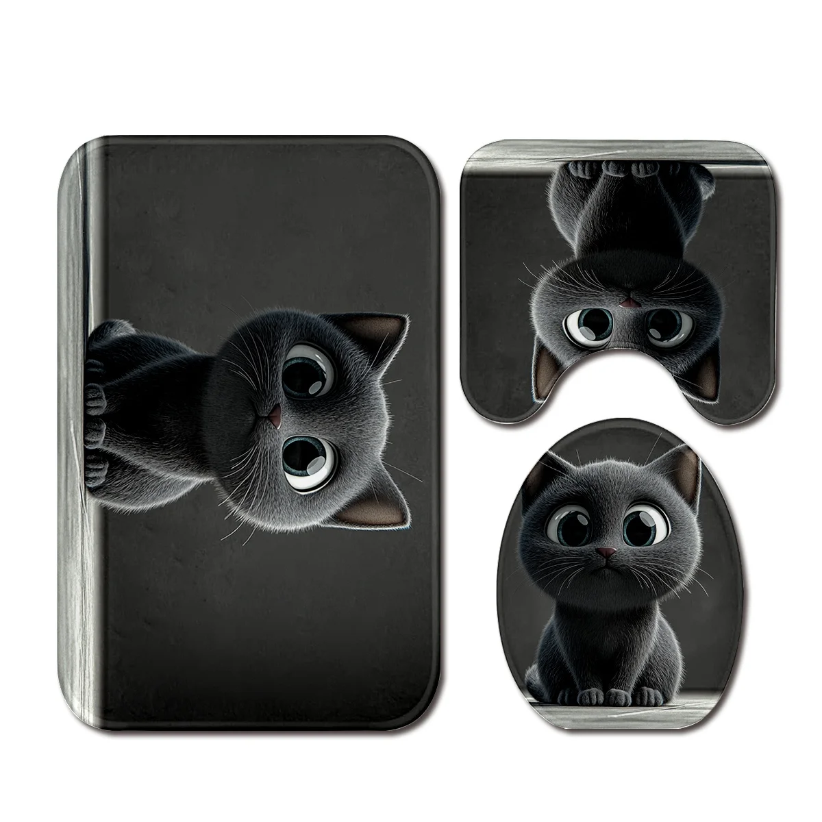3pcs Cute Cat Bathroom Rug Set Non-Slip U-Shaped Mat and Toilet Lid Cover Animal Print Theme Washable Indoor Floor Mats