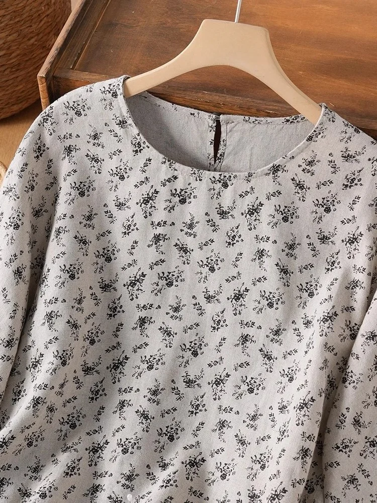 Bloemen katoen linnen T-shirt bedrukt 7/8 Sve groot formaat artistiek retro ontwerp eenvoudige top dames zomer vrijetijdskleding