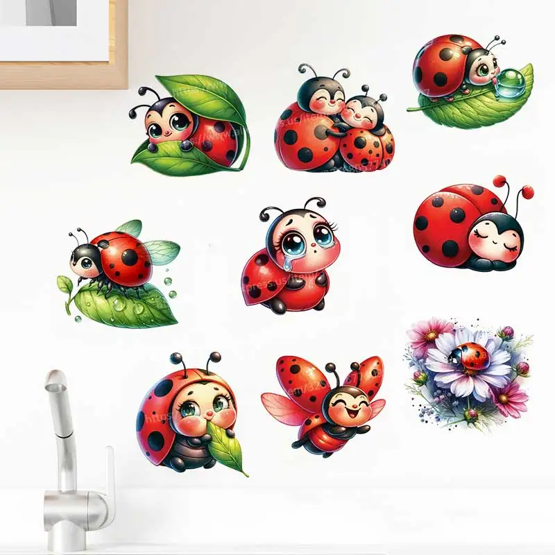 9 PCS Cute Ladybug  Wall Sticker Kids Room Decor Bathroom Toilet Living Room Decor Cabinet Refrigerator Home Decor Decals M1329