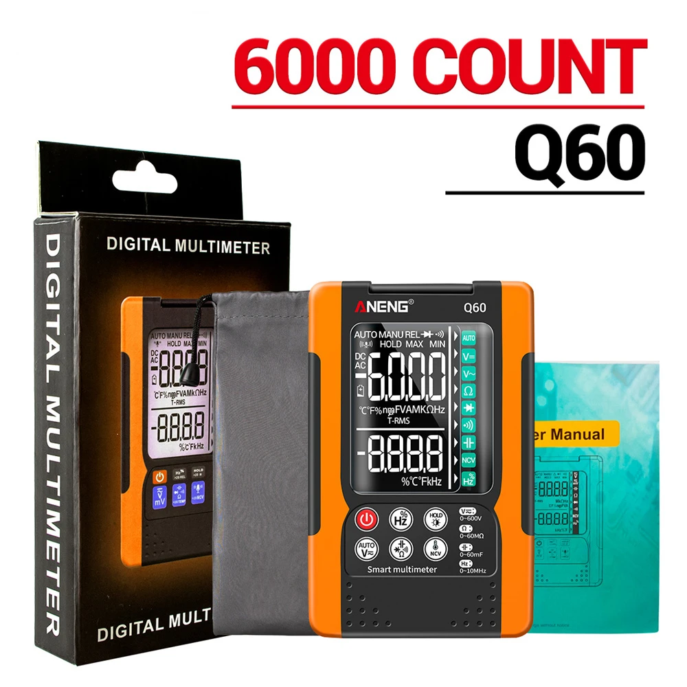 Q60 digital multimeter hochpräziser digitaler transistor tester 6000 zählt echte rms auto elektrische kapazität meter