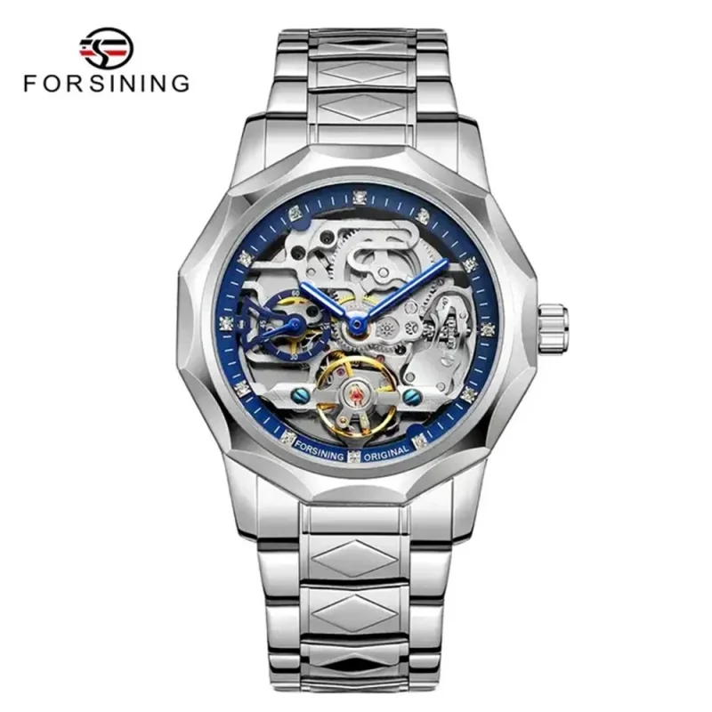 Forsining 199A Men\'s Luxury Design Skeleton Stainless Silver Steel Wrist Watch Clock Automatic Mechanical Male Watches Gift