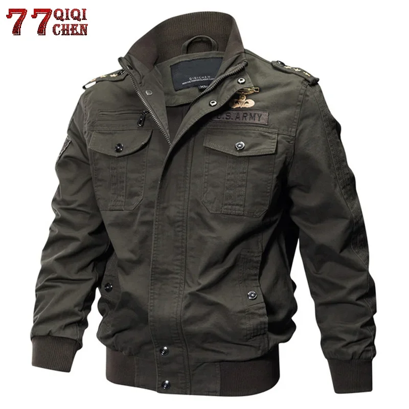 Mens 100% Cotton Jackets Plus Size 5XL Spring Autumn Multi-pocket Military Bomber Jacket Male Casual Air Force Flight Coat Male