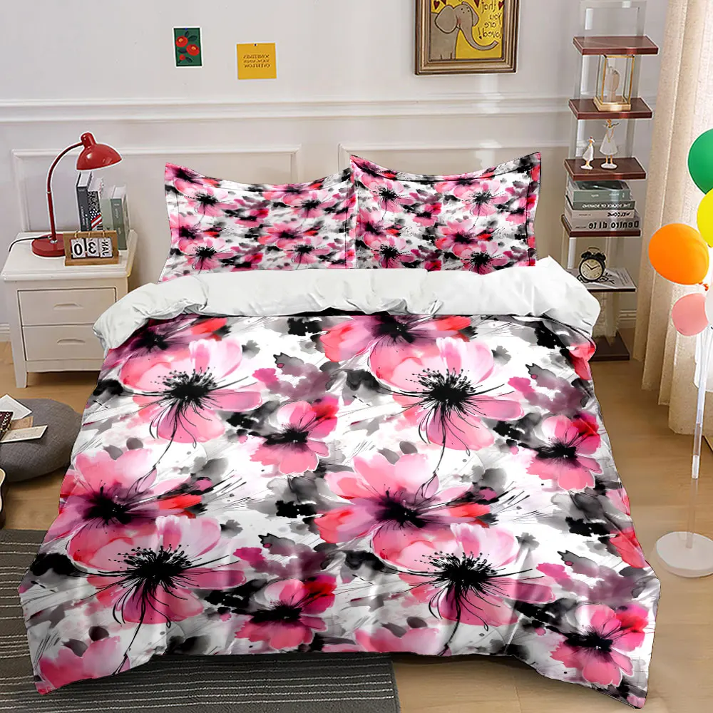 Watercolor Pink Floral Art Pattern Bedding Set for Kids Luxury Gift 3pcs Digital Print Comforter Set Soft Comfortable Breathable