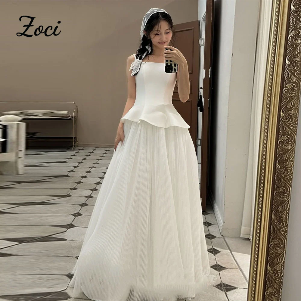 

Zoci Fairy Elegant Korea Wedding Dresses Photos Shoot Spaghetti Straps Satin Pleat Tulle Bride Dress Customized Wedding Gowns